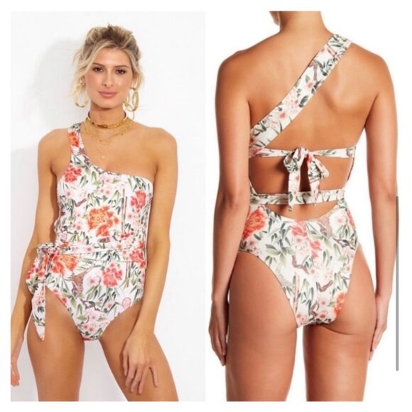 Hot As Hell One-Shoulder Floral Print Swimsuit With Tie Waist  Swimwear  Size M - Picture 1 of 14